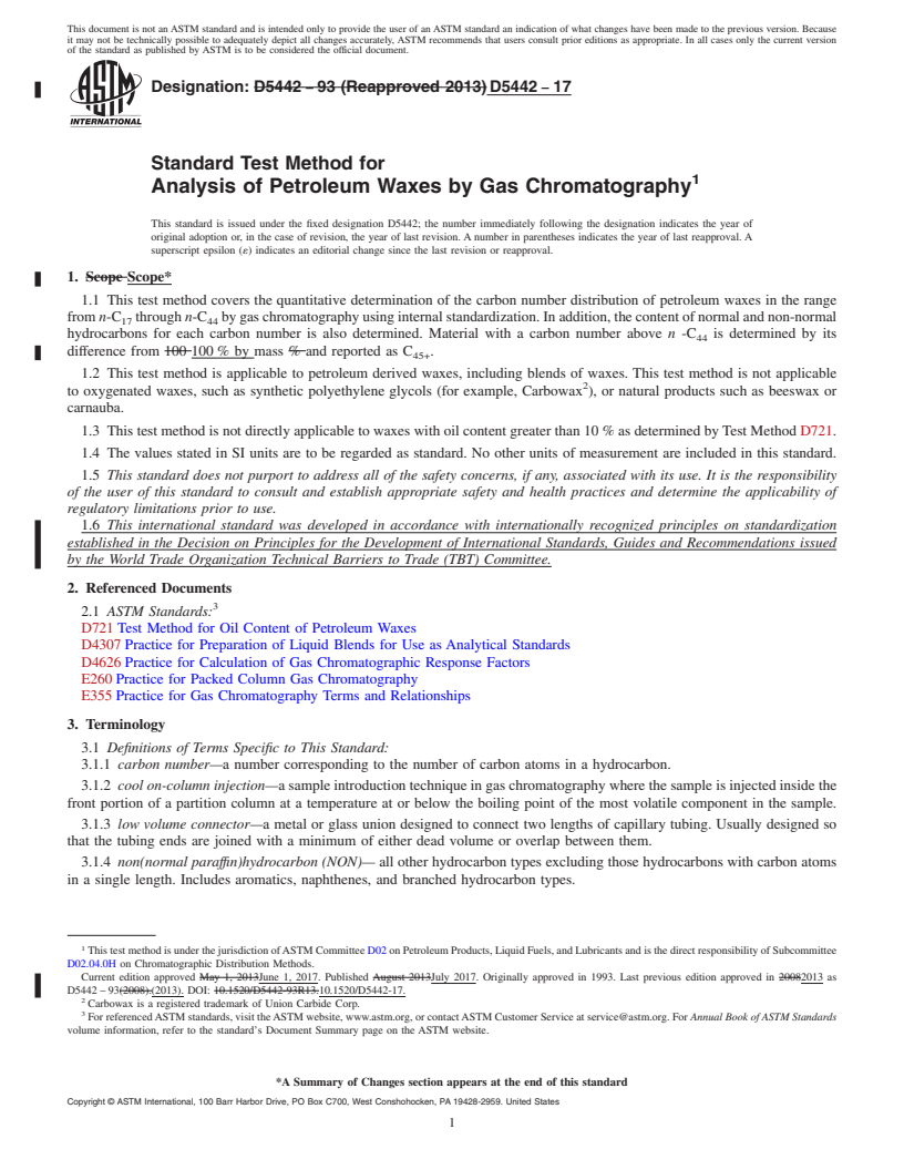 REDLINE ASTM D5442-17 - Standard Test Method for  Analysis of Petroleum Waxes by Gas Chromatography