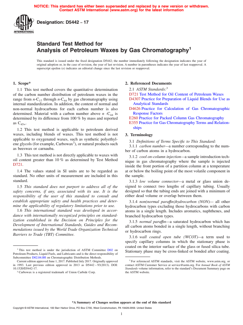 ASTM D5442-17 - Standard Test Method for  Analysis of Petroleum Waxes by Gas Chromatography