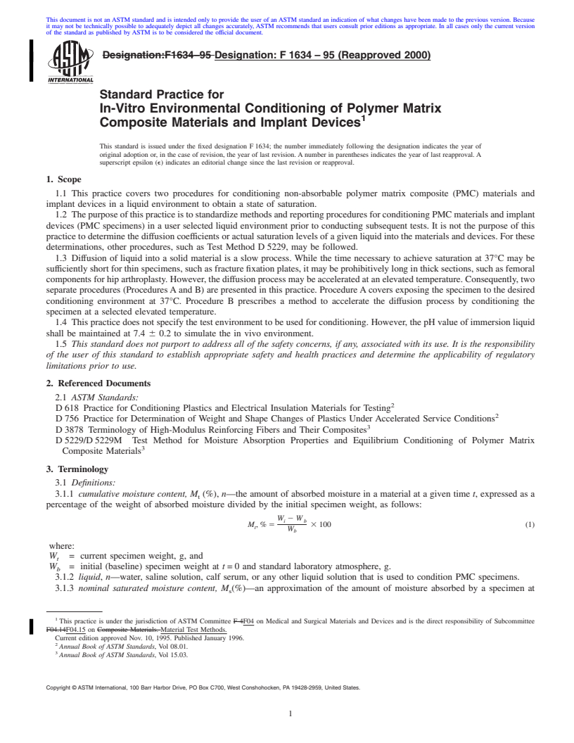 REDLINE ASTM F1634-95(2000) - Standard Practice for  In-Vitro Environmental Conditioning of Polymer Matrix Composite Materials and Implant Devices