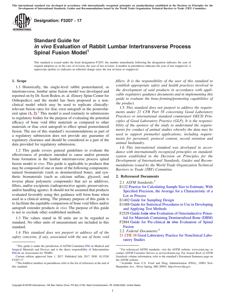 ASTM F3207-17 - Standard Guide for <emph type="bdit">in vivo</emph> Evaluation of Rabbit Lumbar  Intertransverse Process Spinal Fusion Model