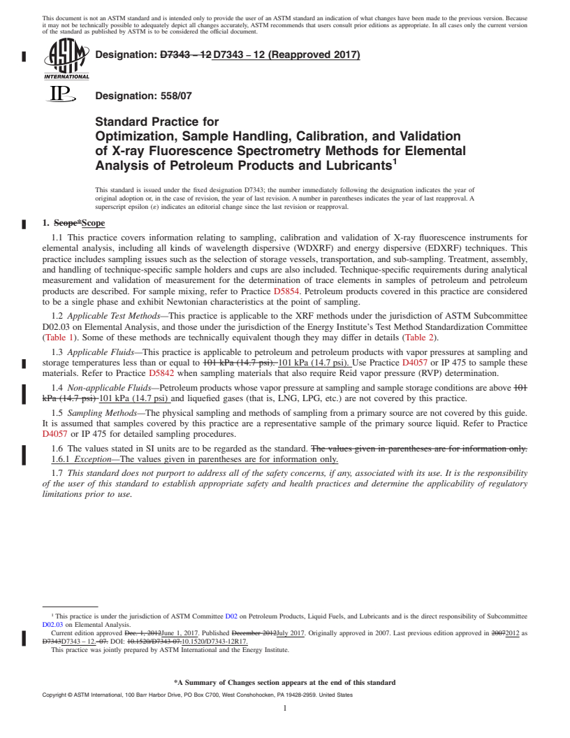 REDLINE ASTM D7343-12(2017) - Standard Practice for Optimization, Sample Handling, Calibration, and Validation  of X-ray  Fluorescence Spectrometry Methods for Elemental Analysis  of Petroleum Products  and Lubricants