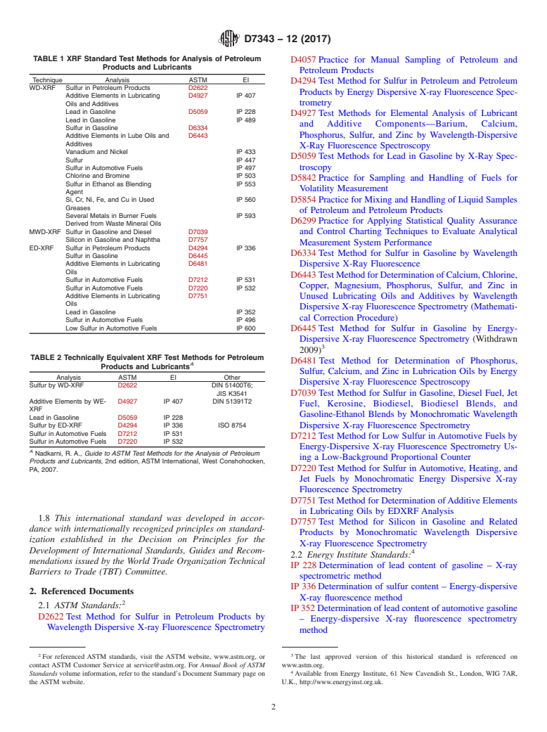 ASTM D7343-12(2017) - Standard Practice for Optimization, Sample Handling, Calibration, and Validation  of X-ray  Fluorescence Spectrometry Methods for Elemental Analysis  of Petroleum Products  and Lubricants