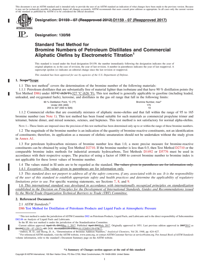 REDLINE ASTM D1159-07(2017) - Standard Test Method for  Bromine Numbers of Petroleum Distillates and Commercial Aliphatic   Olefins by Electrometric Titration