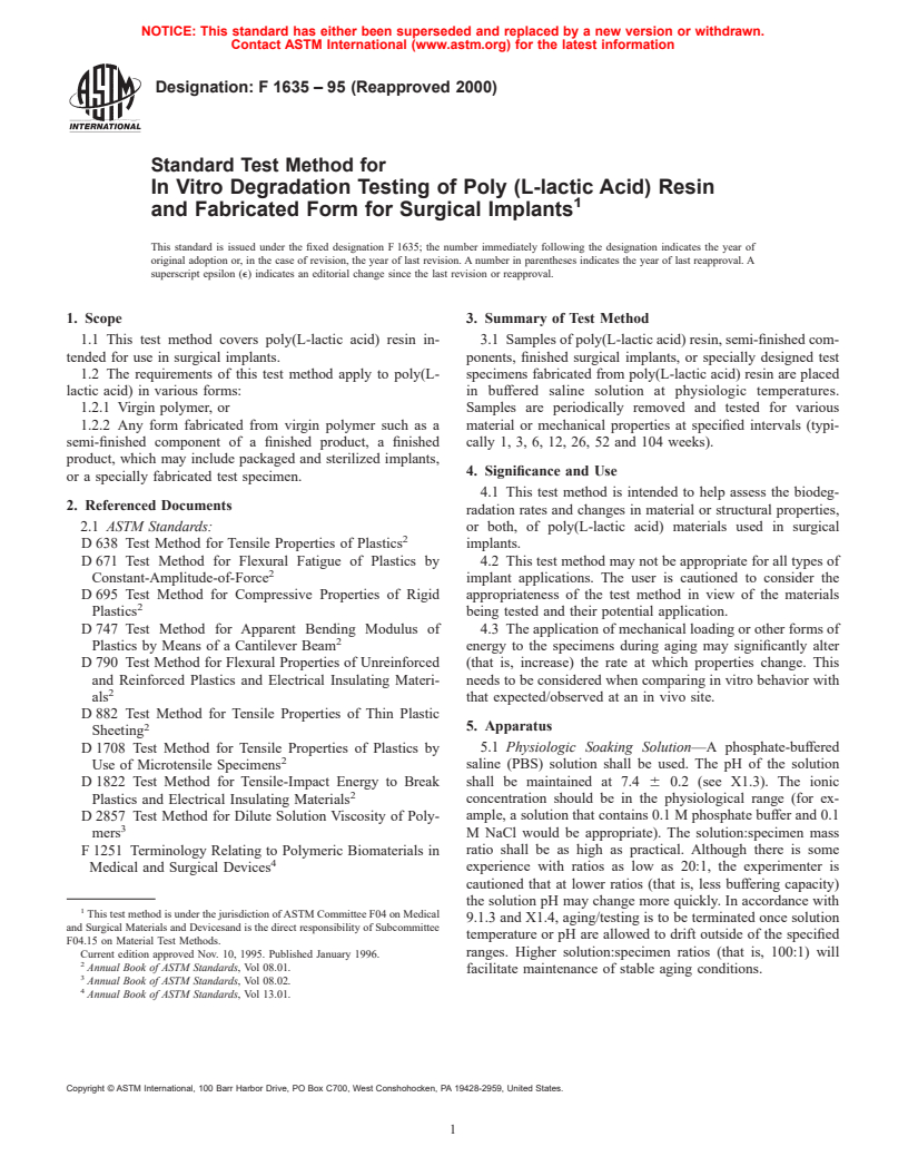 ASTM F1635-95(2000) - Standard Test Method for In Vitro Degradation Testing of Poly (L-lactic Acid) Resin and Fabricated Form for Surgical Implants