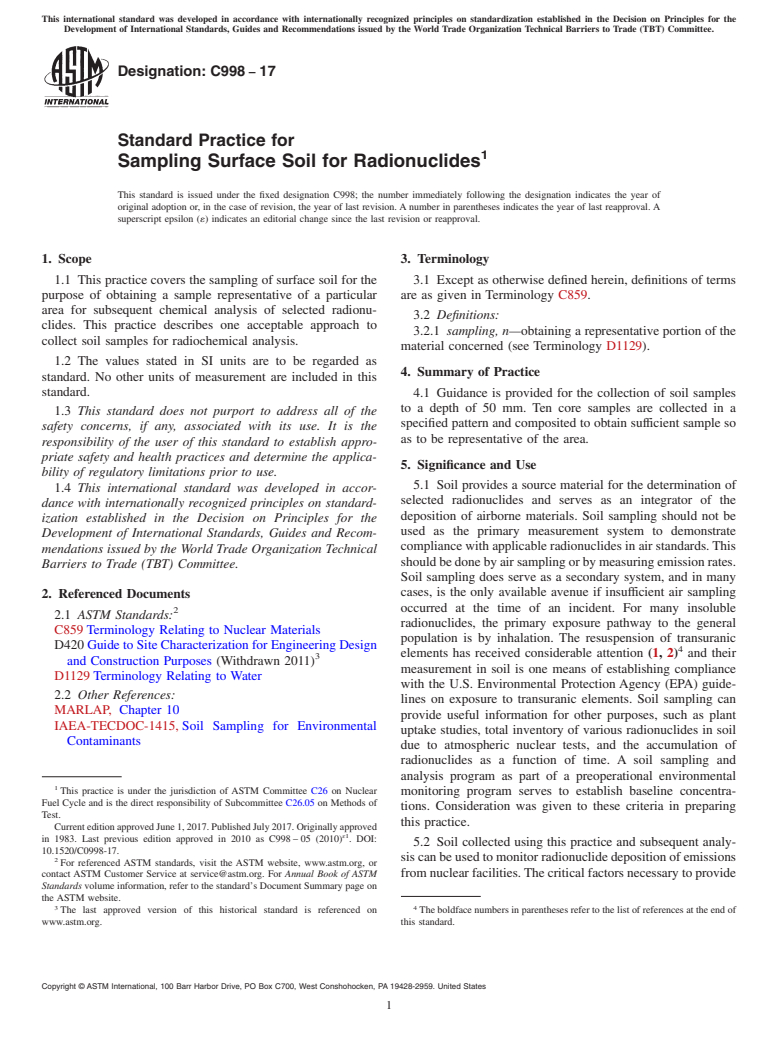 ASTM C998-17 - Standard Practice for  Sampling Surface Soil for Radionuclides