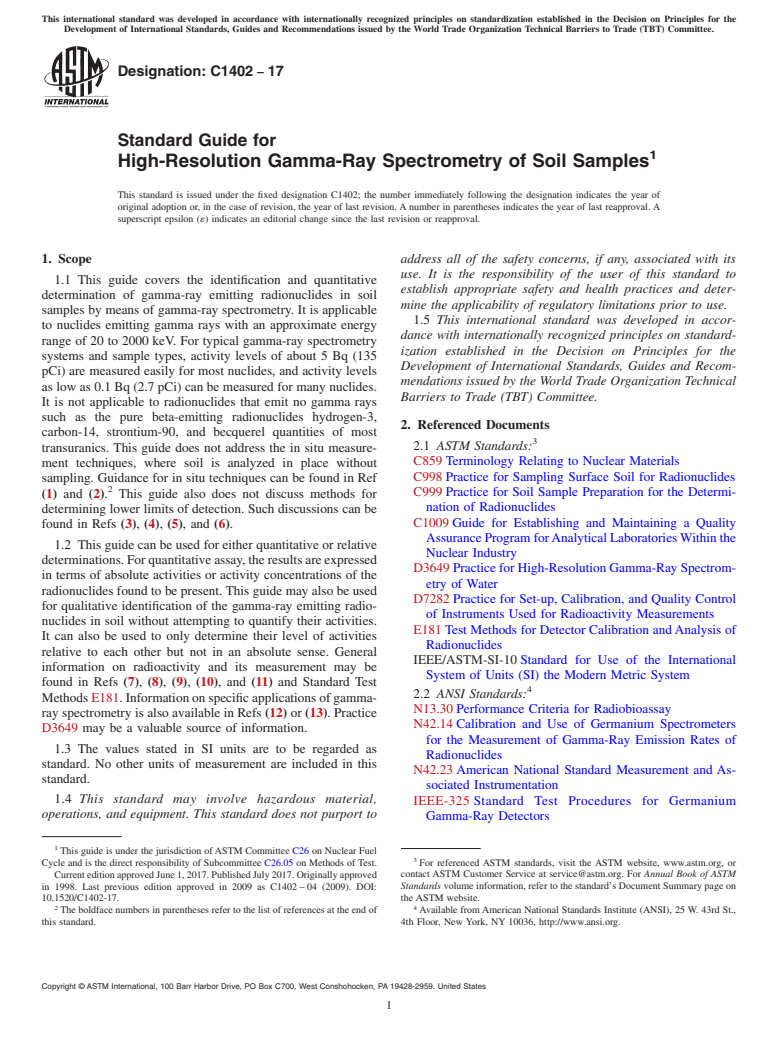 ASTM C1402-17 - Standard Guide for  High-Resolution Gamma-Ray Spectrometry of Soil Samples