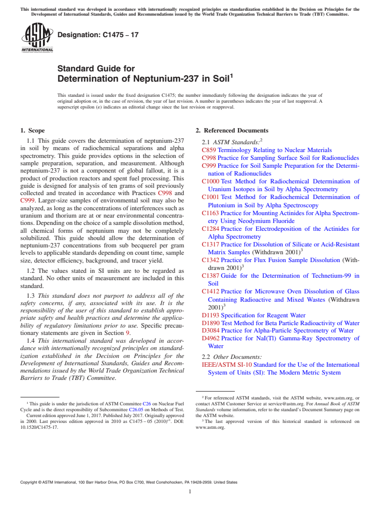 ASTM C1475-17 - Standard Guide for  Determination of Neptunium-237 in Soil