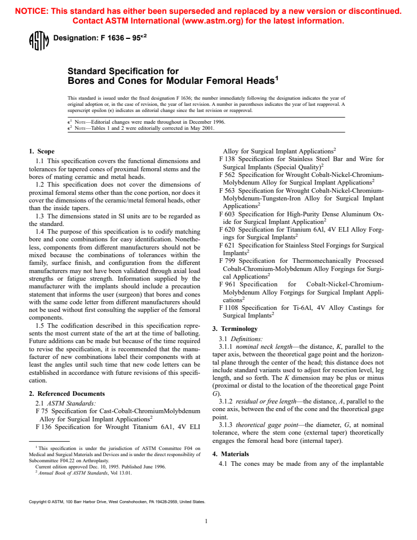 ASTM F1636-95e2 - Specification for Bores and Cones for Modular Femoral Heads (Withdrawn 2001)