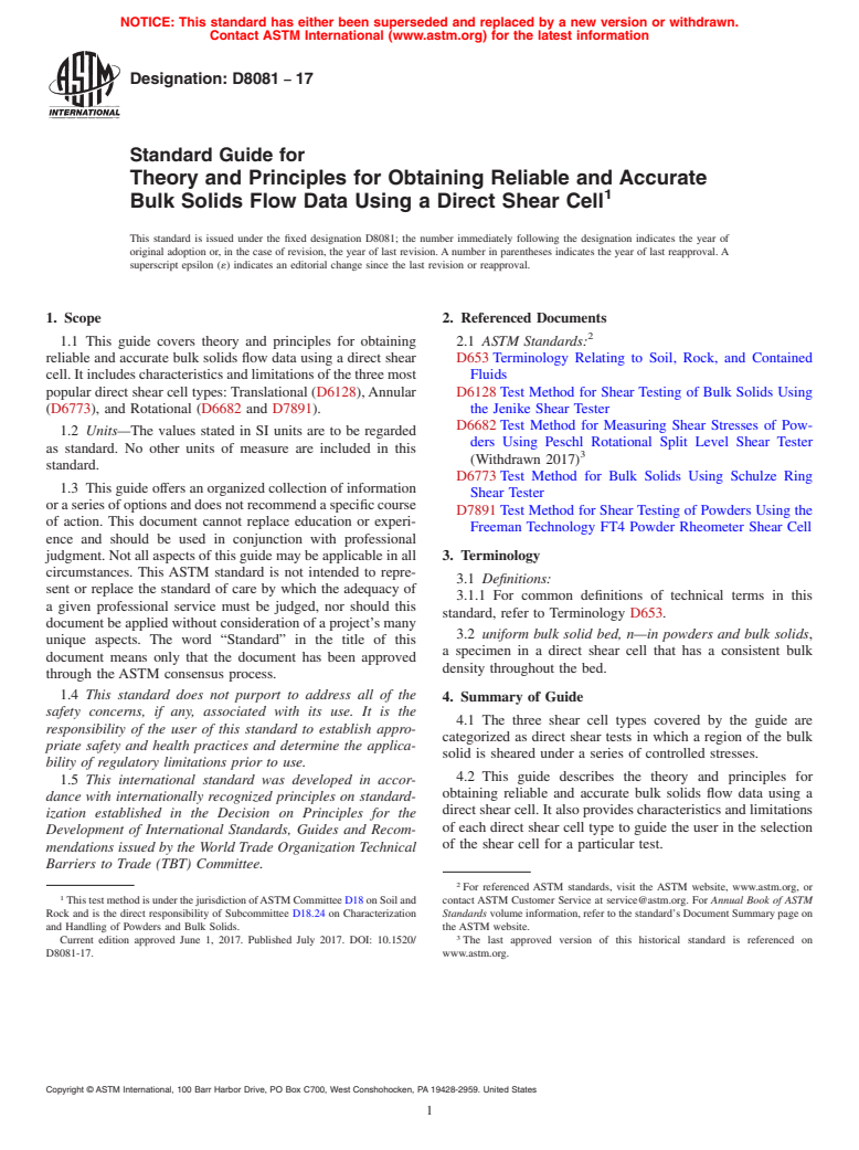 ASTM D8081-17 - Standard Guide for Theory and Principles for Obtaining Reliable and Accurate Bulk  Solids Flow Data Using a Direct Shear Cell