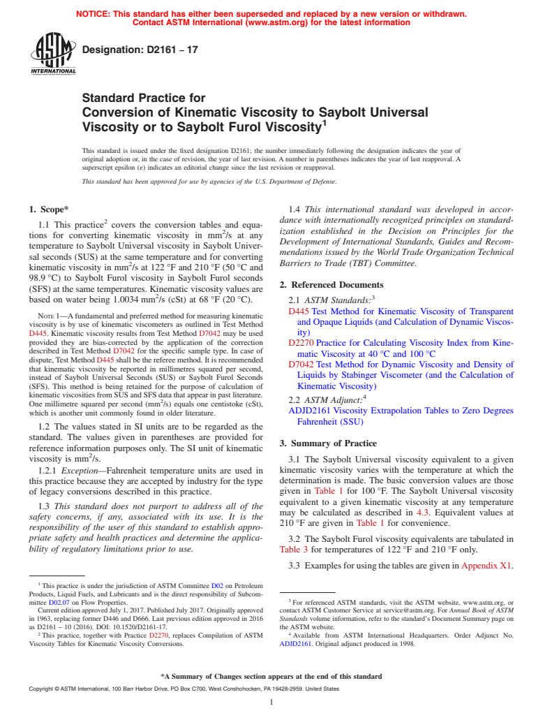 ASTM D2161-17 - Standard Practice for  Conversion of Kinematic Viscosity to Saybolt Universal Viscosity  or to Saybolt Furol Viscosity