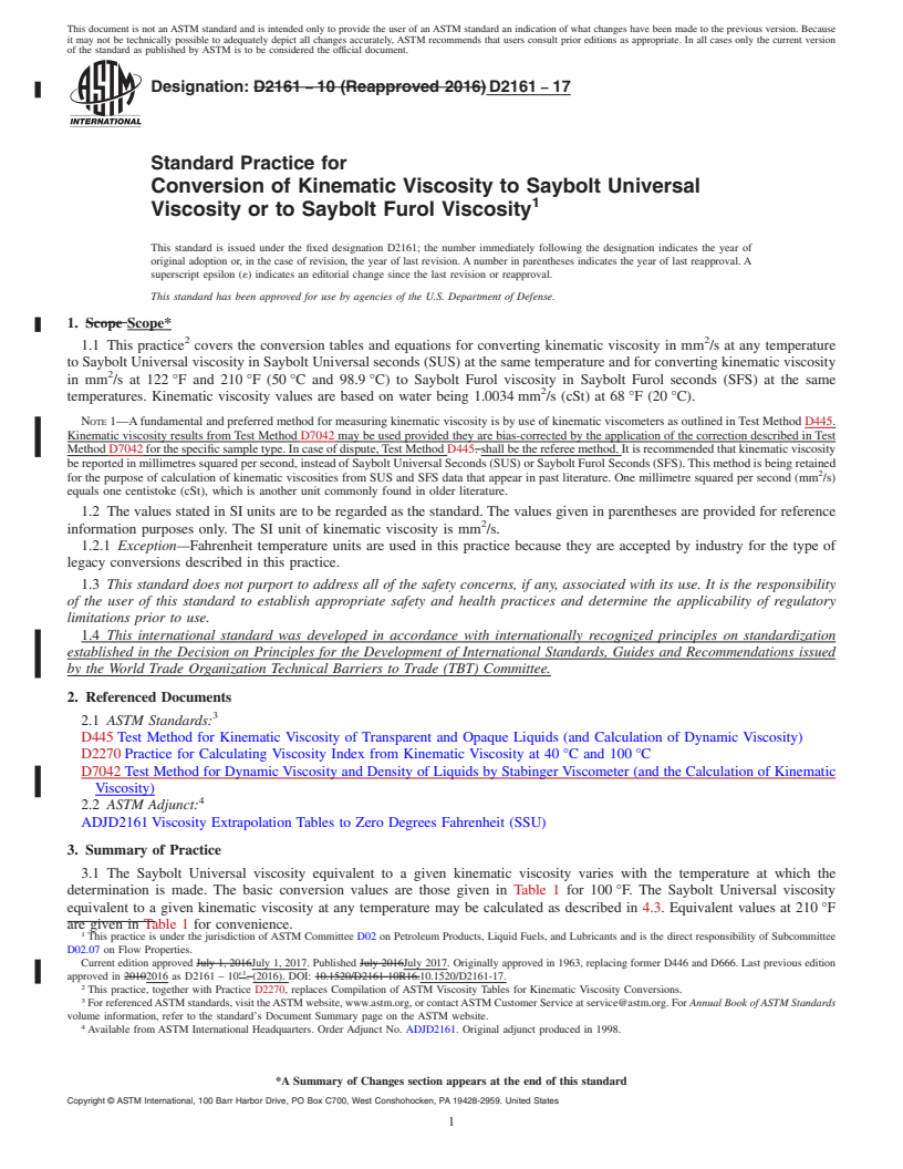 REDLINE ASTM D2161-17 - Standard Practice for  Conversion of Kinematic Viscosity to Saybolt Universal Viscosity  or to Saybolt Furol Viscosity