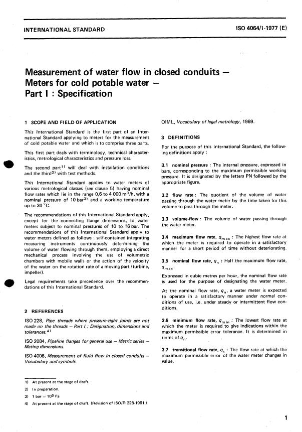 ISO 4064-1:1977 - Measurement of water flow in closed conduits -- Meters for cold potable water