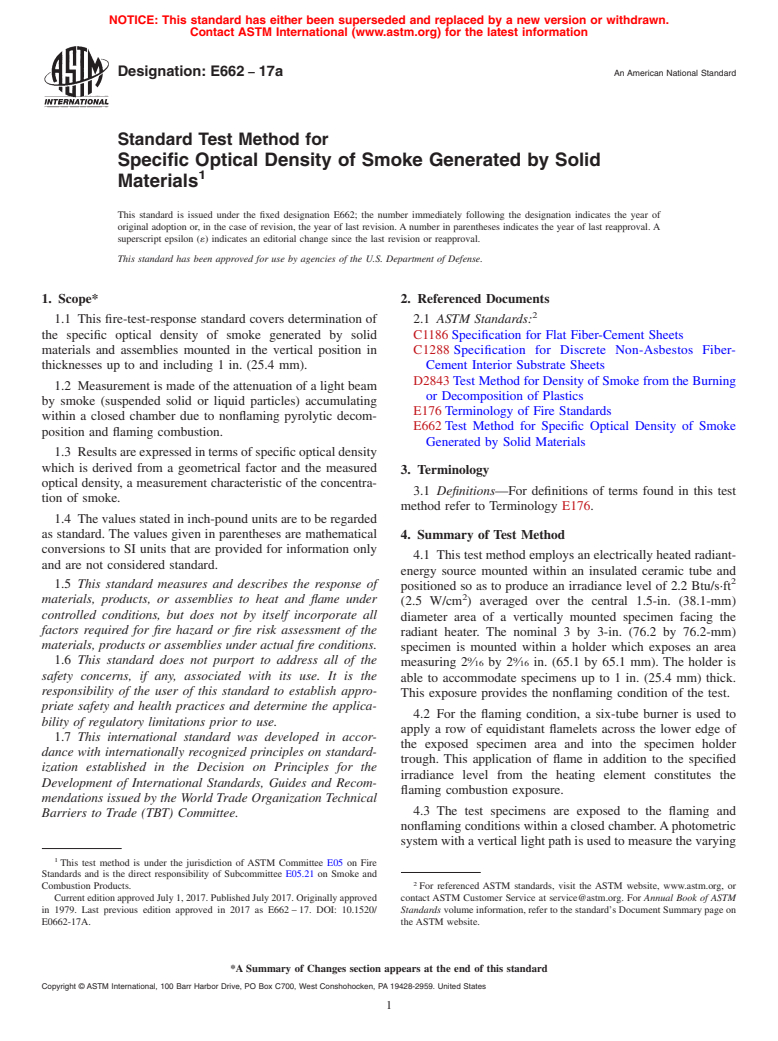 ASTM E662-17a - Standard Test Method for  Specific Optical Density of Smoke Generated by Solid Materials