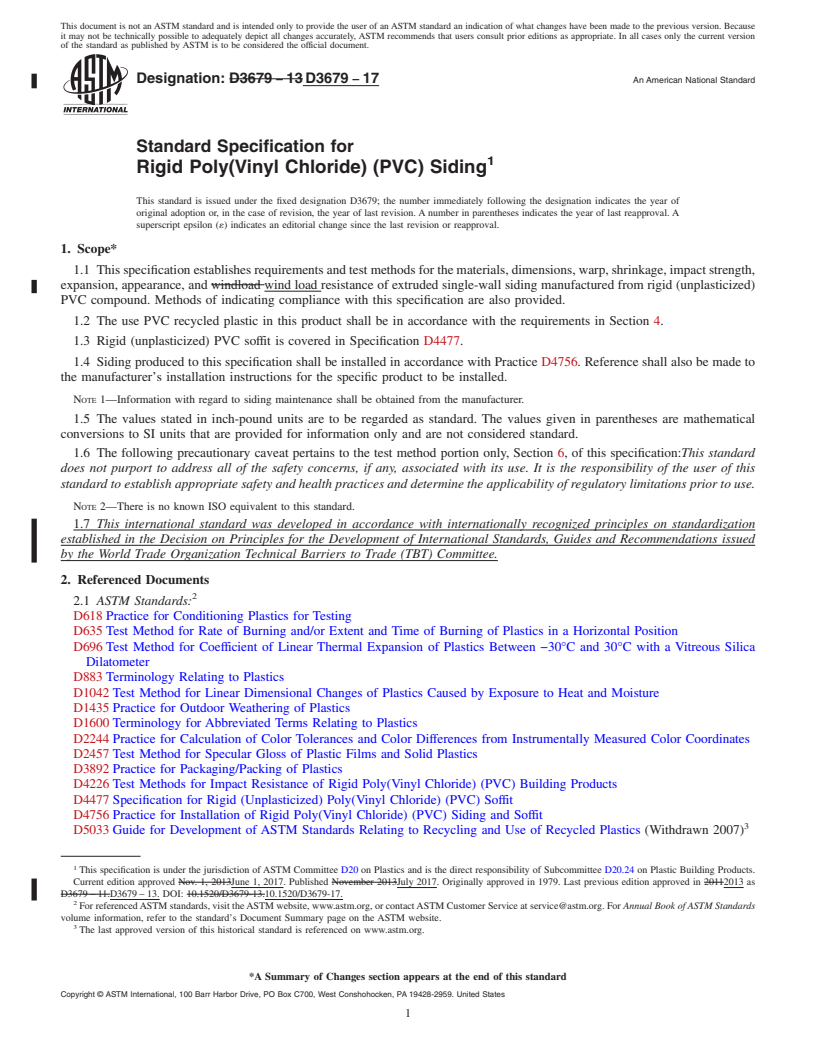 REDLINE ASTM D3679-17 - Standard Specification for  Rigid Poly(Vinyl Chloride) (PVC) Siding
