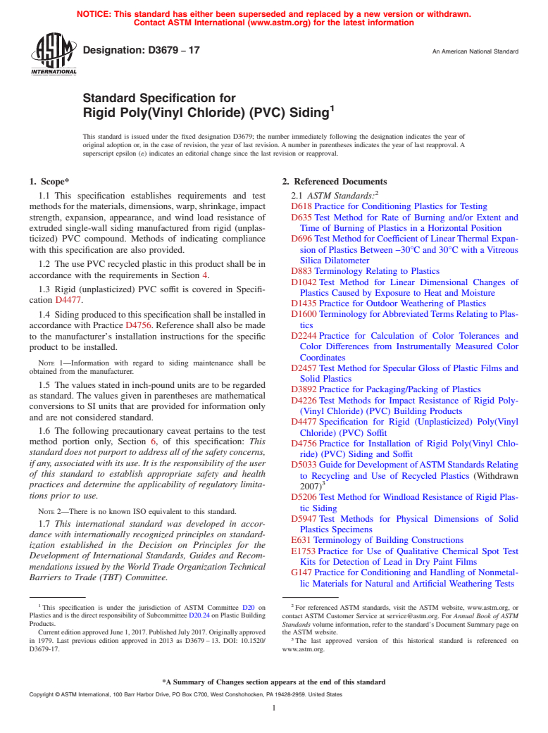 ASTM D3679-17 - Standard Specification for  Rigid Poly(Vinyl Chloride) (PVC) Siding
