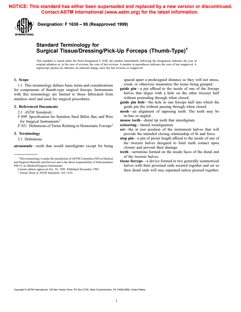 ASTM F1638-95(1999) - Standard Terminology for Surgical Tissue/Dressing/Pick-Up Forceps (Thumb-Type)