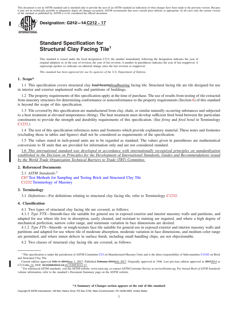 REDLINE ASTM C212-17 - Standard Specification for  Structural Clay Facing Tile