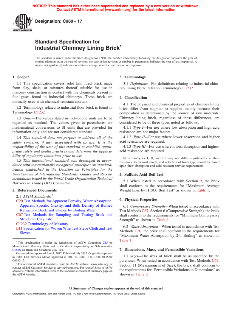 ASTM C980-17 - Standard Specification for  Industrial Chimney Lining Brick