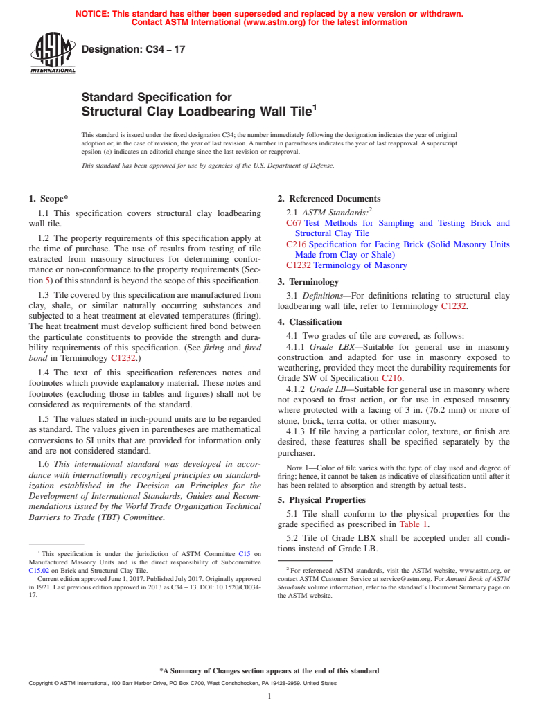 ASTM C34-17 - Standard Specification for  Structural Clay Loadbearing Wall Tile