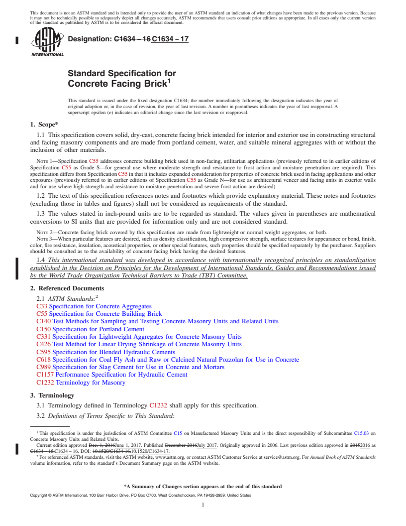 REDLINE ASTM C1634-17 - Standard Specification for Concrete Facing Brick