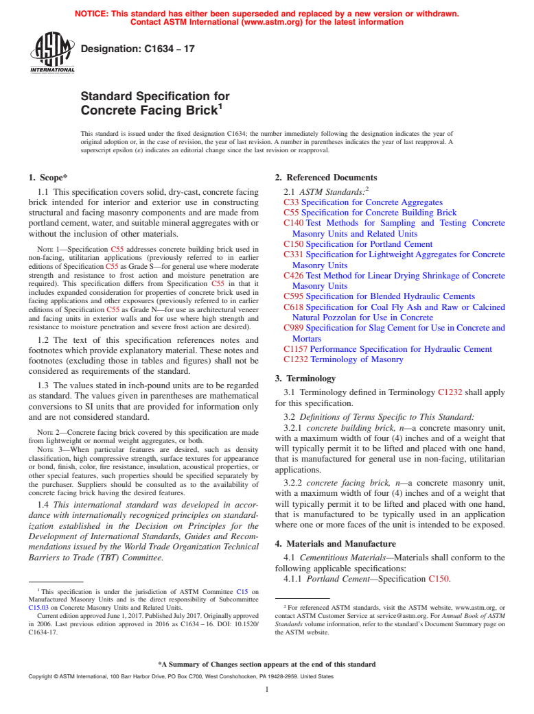 ASTM C1634-17 - Standard Specification for Concrete Facing Brick