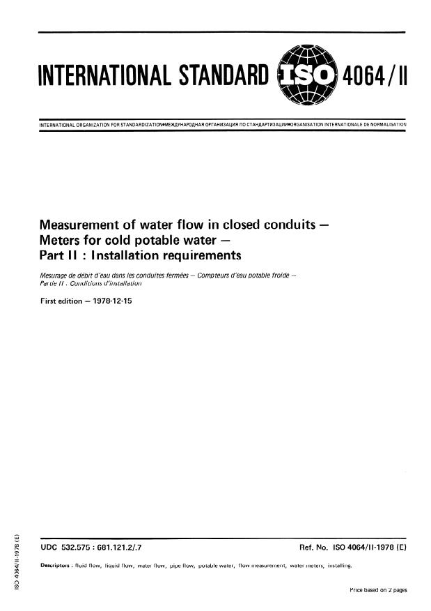 ISO 4064-2:1978 - Measurement of water flow in closed conduits -- Meters for cold potable water
