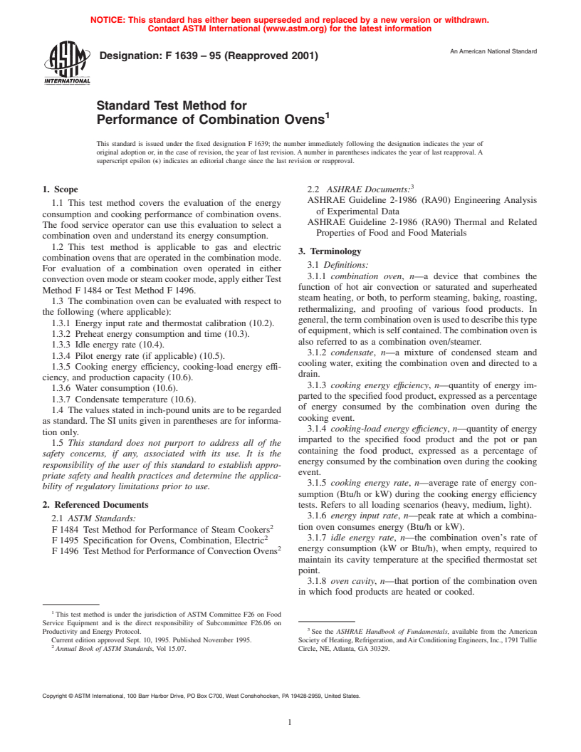 ASTM F1639-95(2001) - Standard Test Method for Performance of Combination Ovens