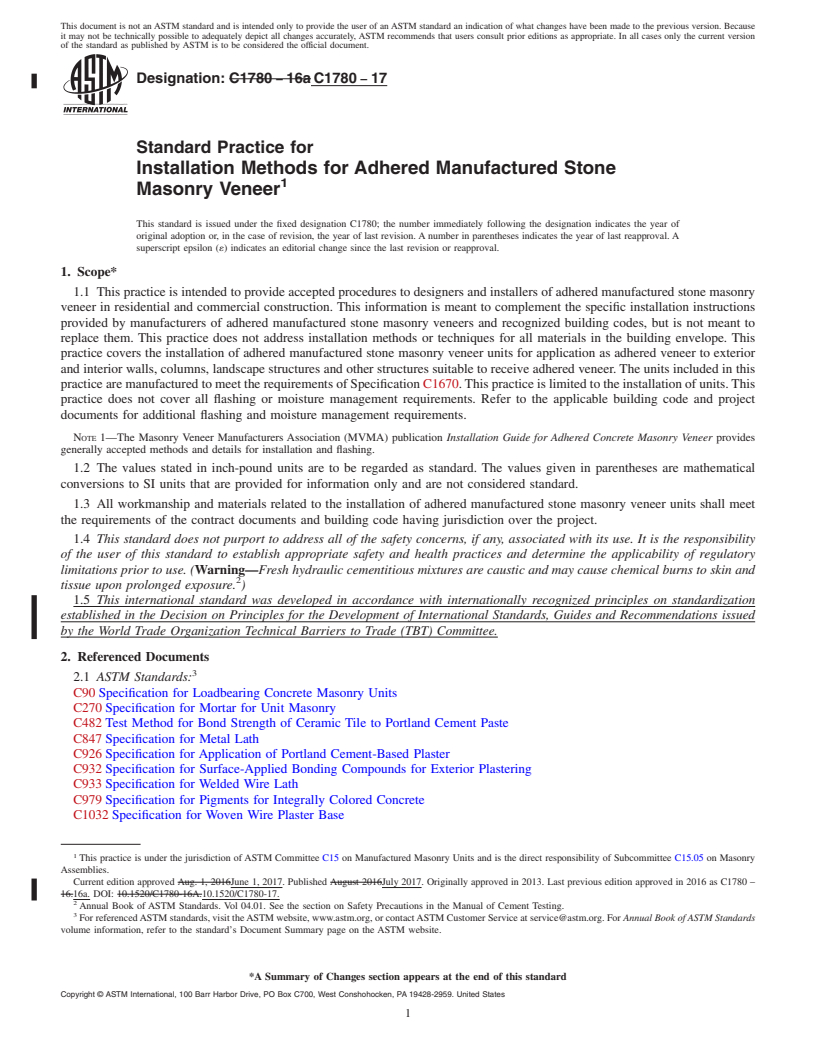 REDLINE ASTM C1780-17 - Standard Practice for Installation Methods for Adhered Manufactured Stone Masonry  Veneer