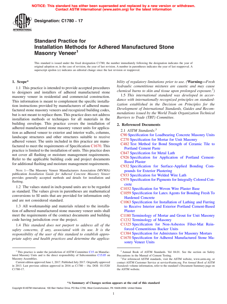 ASTM C1780-17 - Standard Practice for Installation Methods for Adhered Manufactured Stone Masonry  Veneer