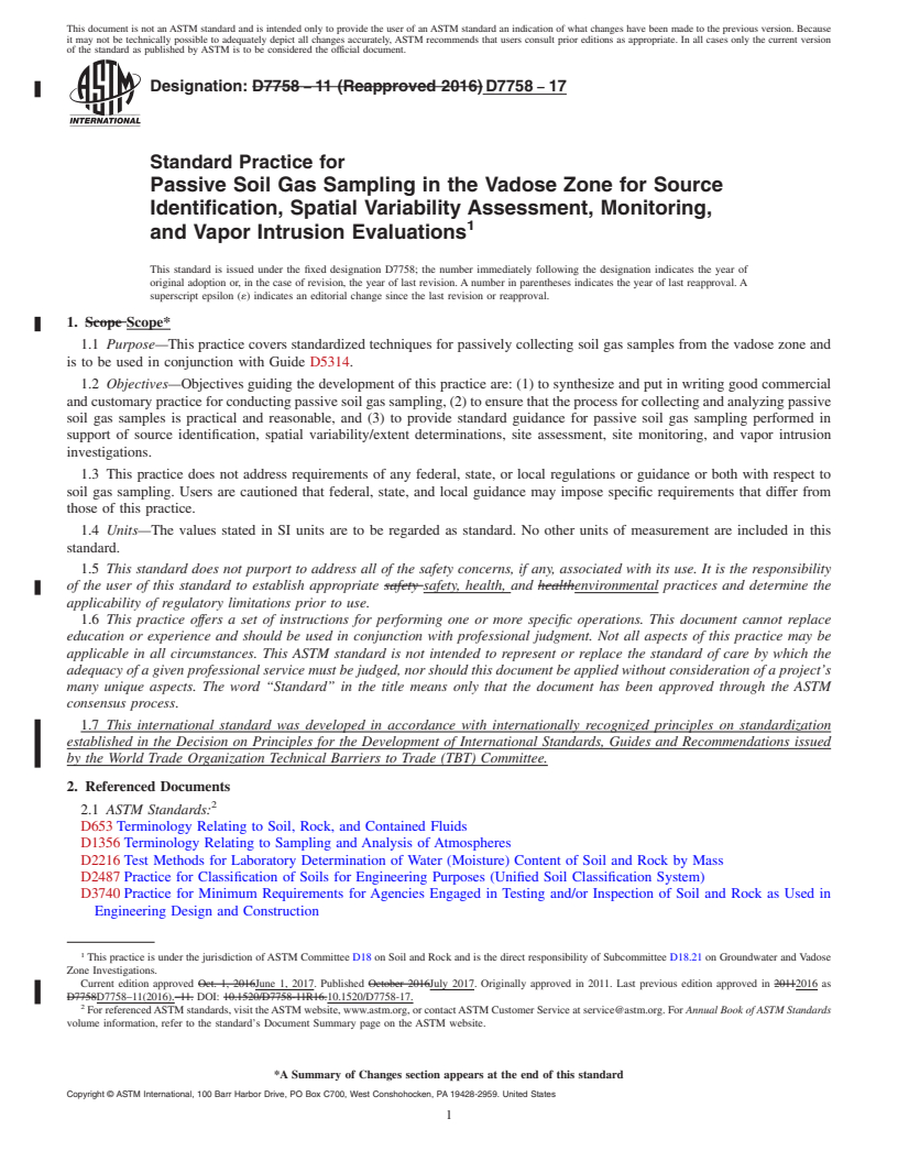 REDLINE ASTM D7758-17 - Standard Practice for  Passive Soil Gas Sampling in the Vadose Zone for Source Identification,   Spatial Variability Assessment, Monitoring, and Vapor Intrusion Evaluations