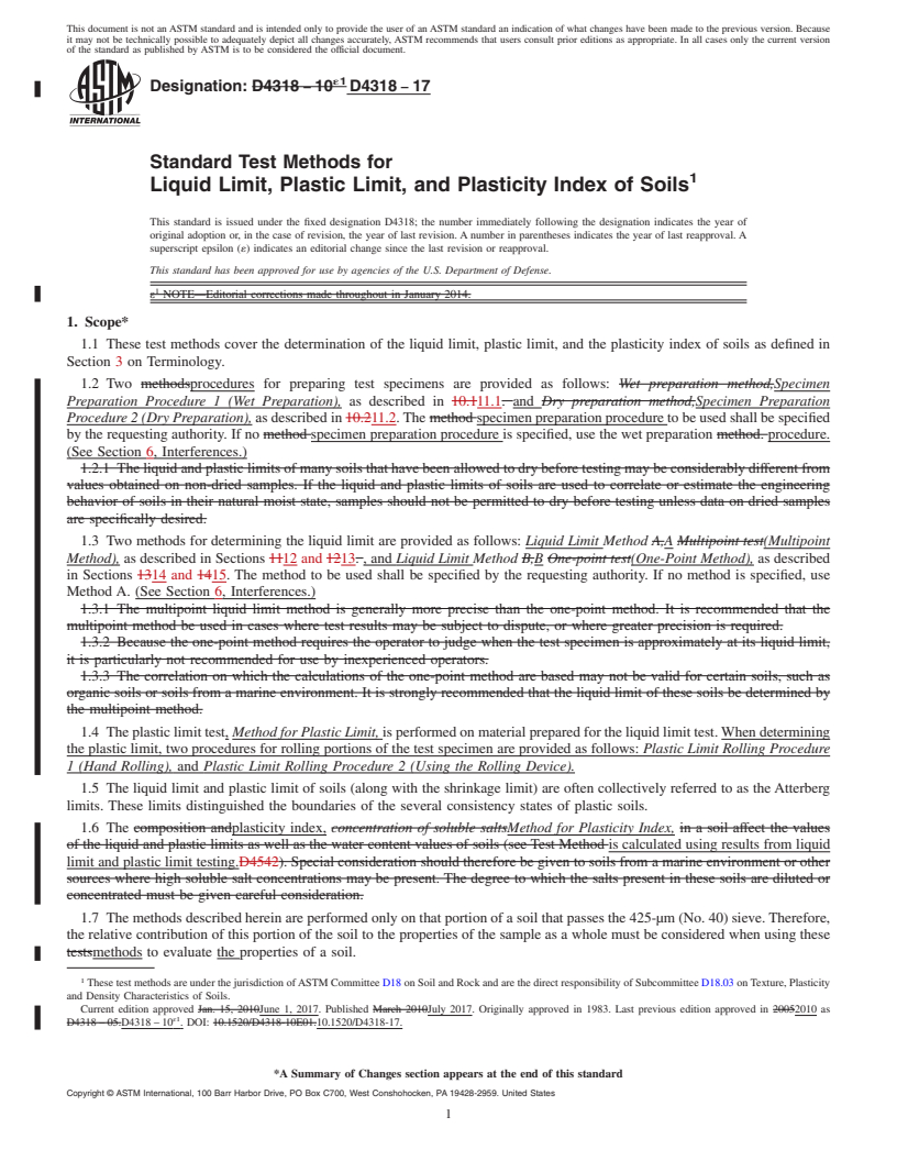 REDLINE ASTM D4318-17 - Standard Test Methods for Liquid Limit, Plastic Limit, and Plasticity Index of Soils