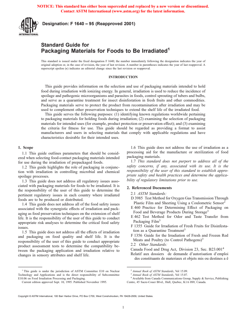 ASTM F1640-95(2001) - Standard Guide for Packaging Materials for Foods to Be Irradiated