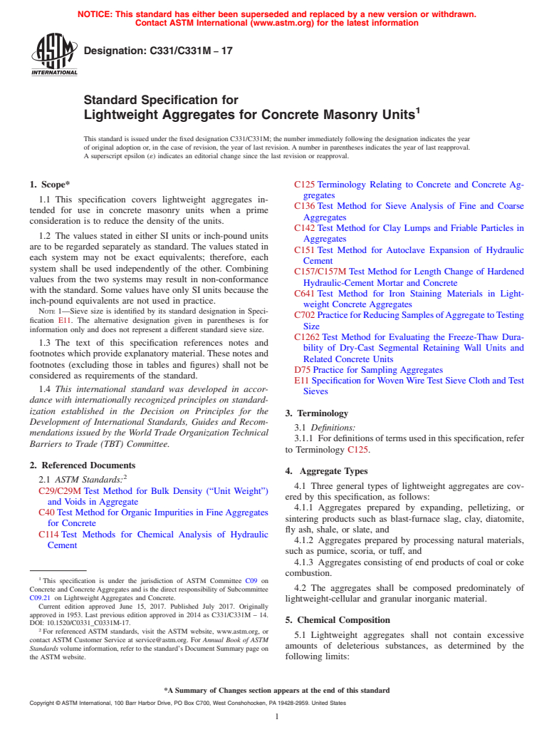 ASTM C331/C331M-17 - Standard Specification for  Lightweight Aggregates for Concrete Masonry Units