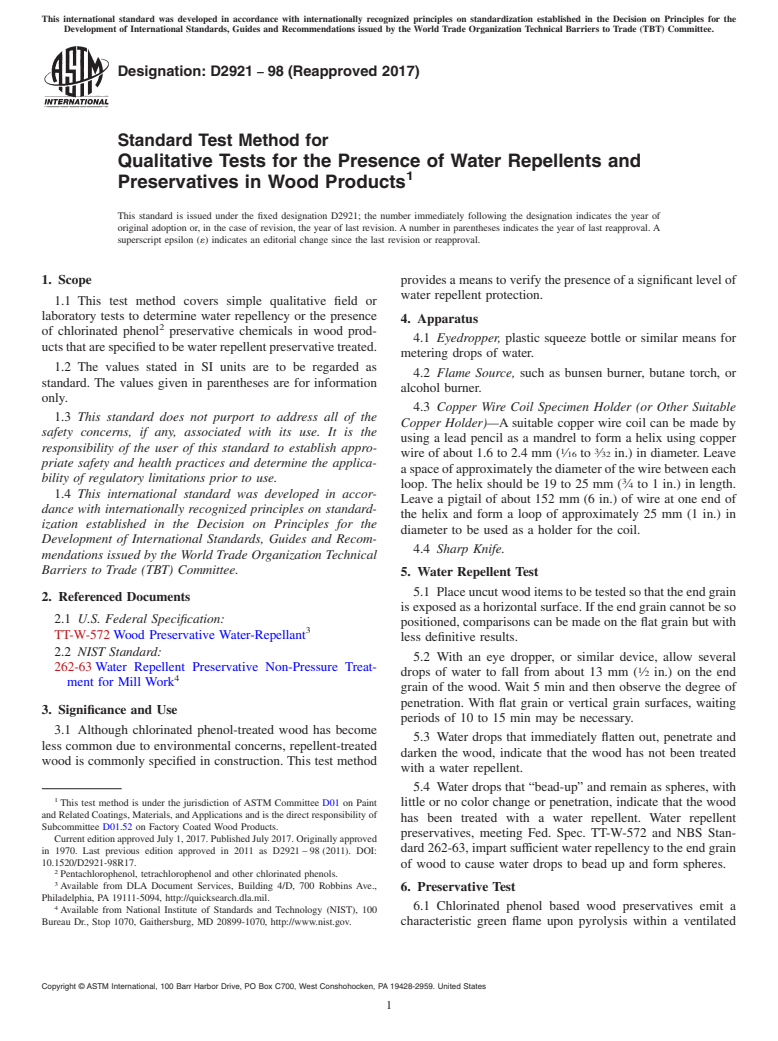 ASTM D2921-98(2017) - Standard Test Method for Qualitative Tests for the Presence of Water Repellents and   Preservatives in Wood Products