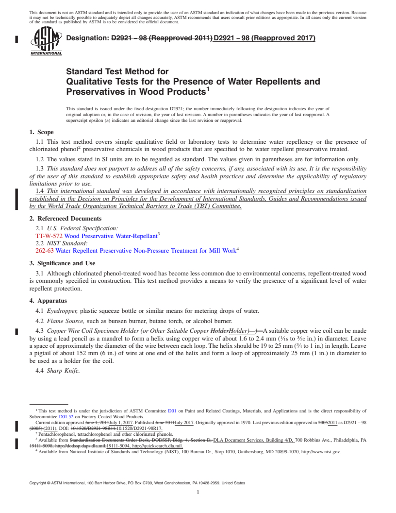 REDLINE ASTM D2921-98(2017) - Standard Test Method for Qualitative Tests for the Presence of Water Repellents and   Preservatives in Wood Products