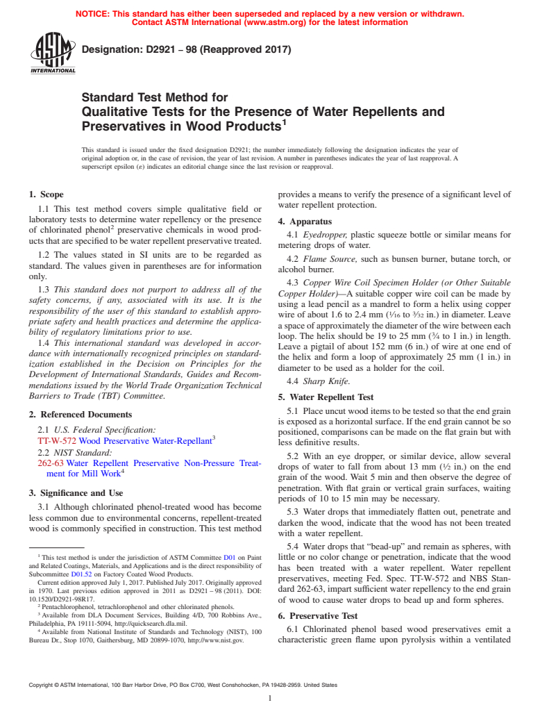ASTM D2921-98(2017) - Standard Test Method for Qualitative Tests for the Presence of Water Repellents and   Preservatives in Wood Products