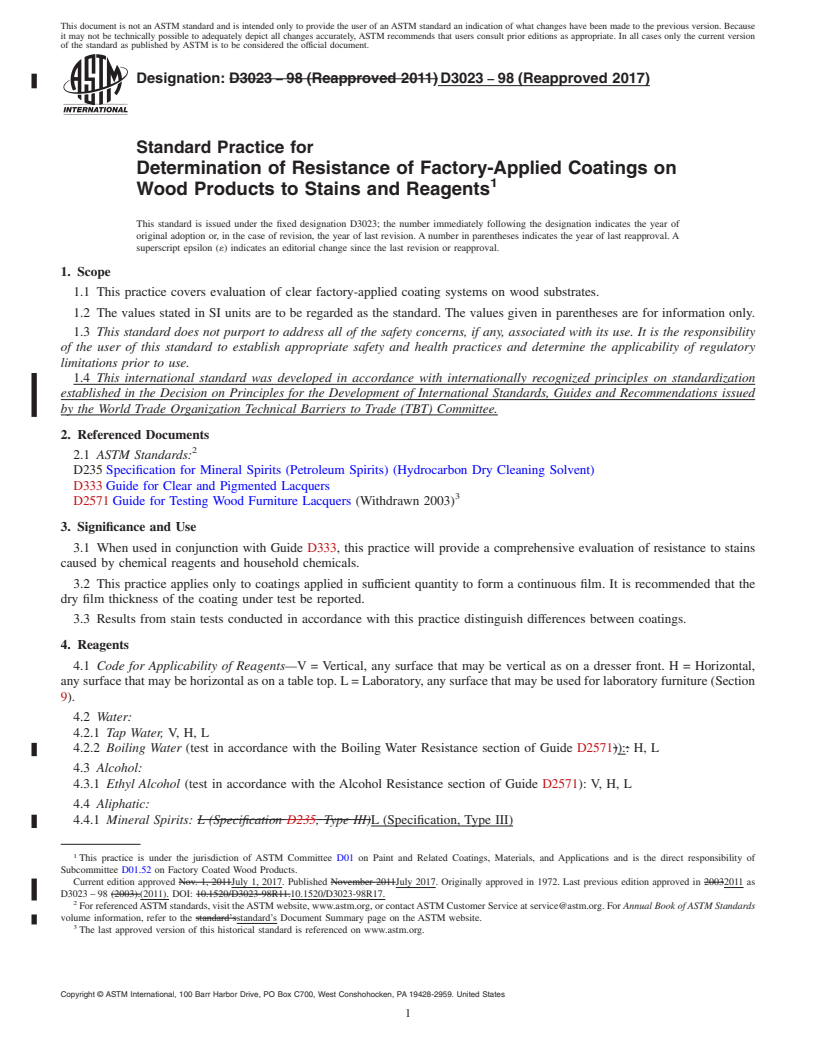 REDLINE ASTM D3023-98(2017) - Standard Practice for Determination of Resistance of Factory-Applied Coatings on   Wood Products to Stains and Reagents