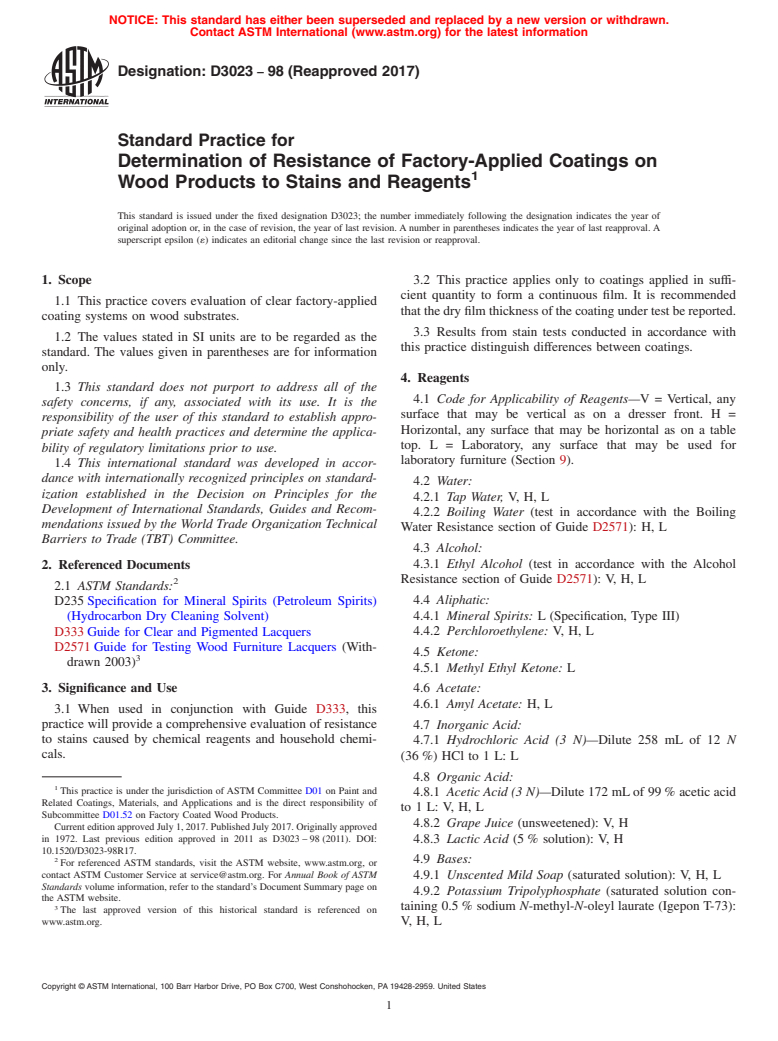 ASTM D3023-98(2017) - Standard Practice for Determination of Resistance of Factory-Applied Coatings on   Wood Products to Stains and Reagents