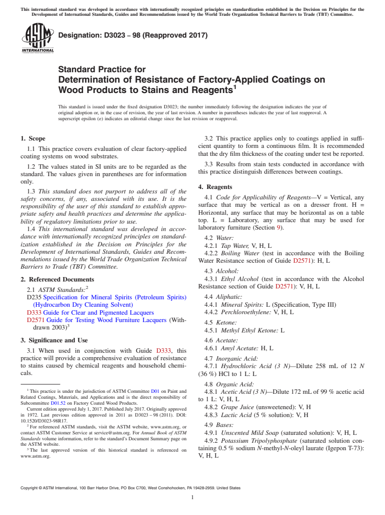 ASTM D3023-98(2017) - Standard Practice for Determination of Resistance of Factory-Applied Coatings on   Wood Products to Stains and Reagents