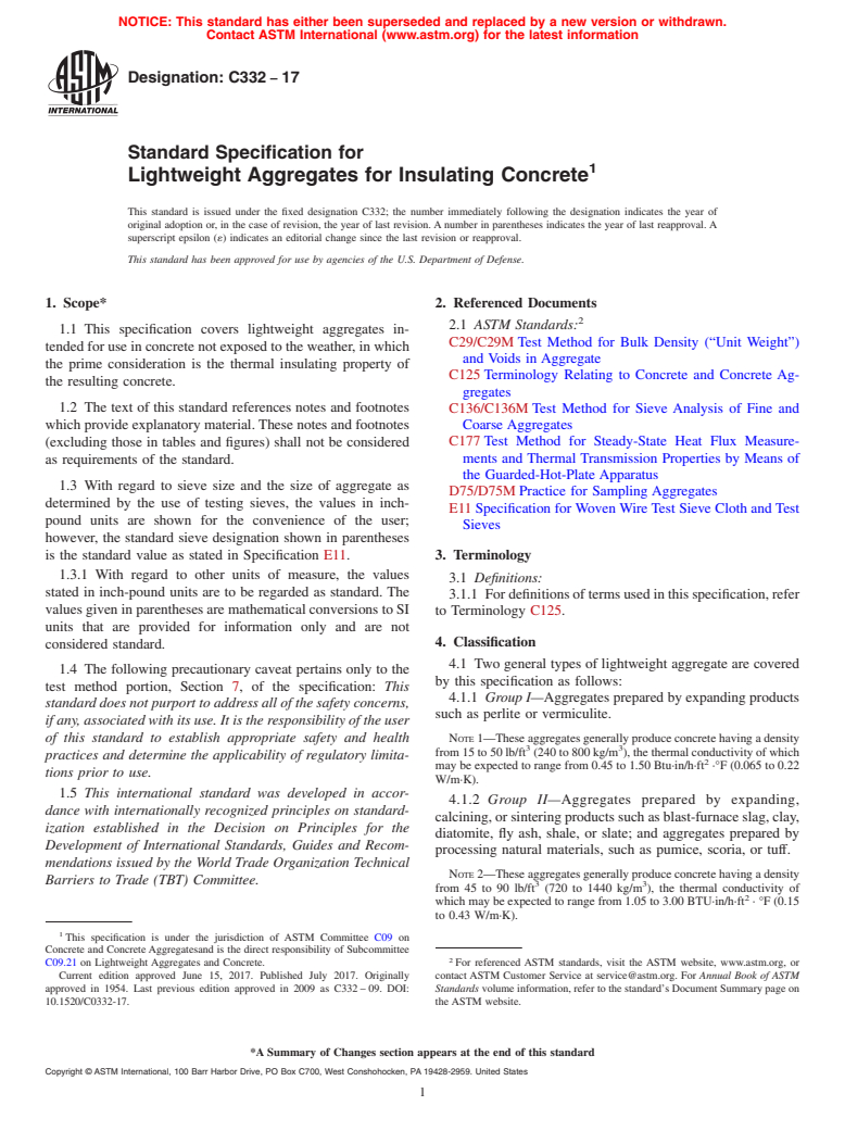 ASTM C332-17 - Standard Specification for  Lightweight Aggregates for Insulating Concrete