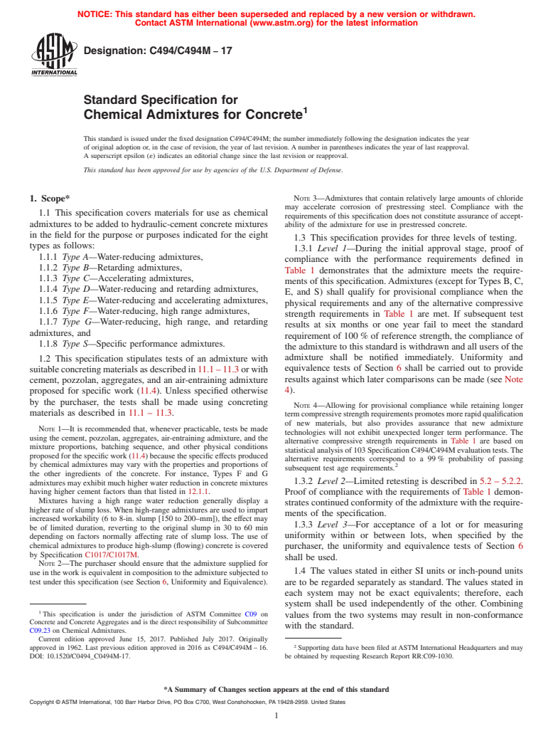 ASTM C494/C494M-17 - Standard Specification for  Chemical Admixtures for Concrete