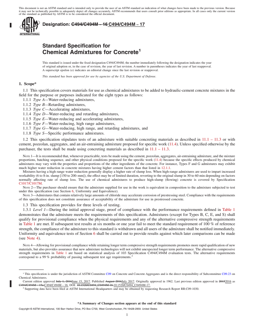 REDLINE ASTM C494/C494M-17 - Standard Specification for  Chemical Admixtures for Concrete