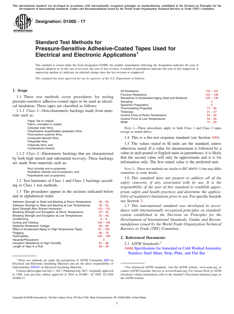 ASTM D1000-17 - Standard Test Methods for  Pressure-Sensitive Adhesive-Coated Tapes Used for Electrical   and Electronic Applications