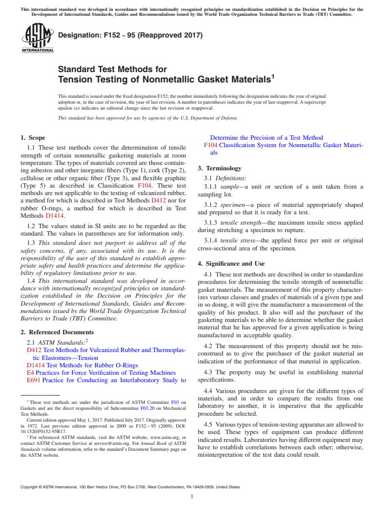 ASTM F152-95(2017) - Standard Test Methods for  Tension Testing of Nonmetallic Gasket Materials