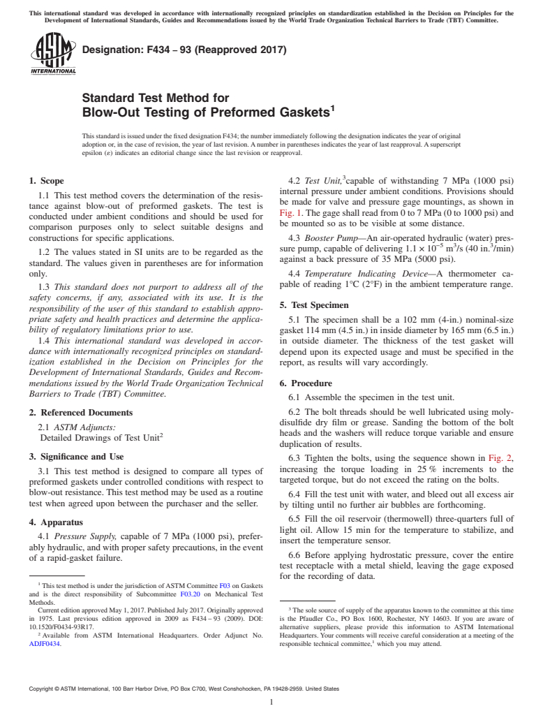 ASTM F434-93(2017) - Standard Test Method for  Blow-Out Testing of Preformed Gaskets