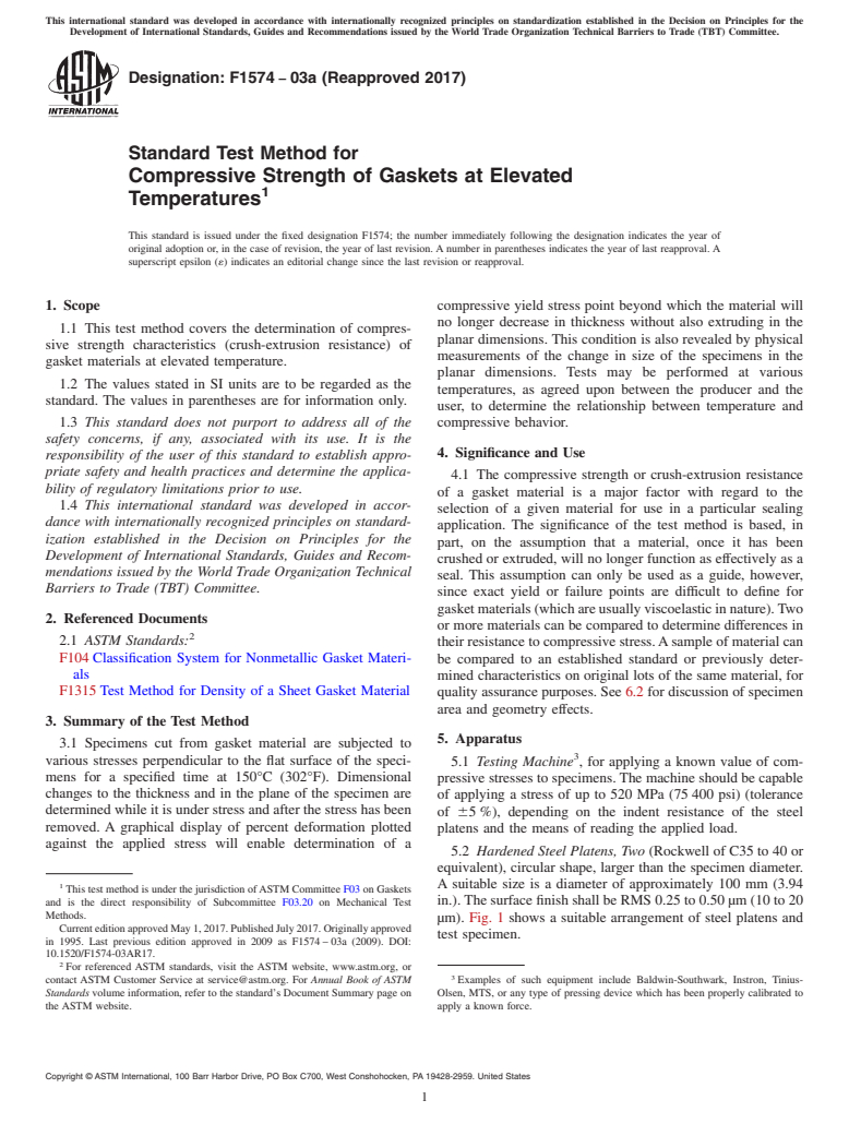 ASTM F1574-03a(2017) - Standard Test Method for  Compressive Strength of Gaskets at Elevated Temperatures