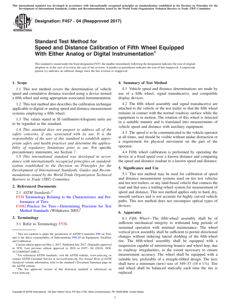 ASTM F457-04(2017) - Standard Test Method for  Speed and Distance Calibration of Fifth Wheel Equipped With  Either Analog or Digital Instrumentation