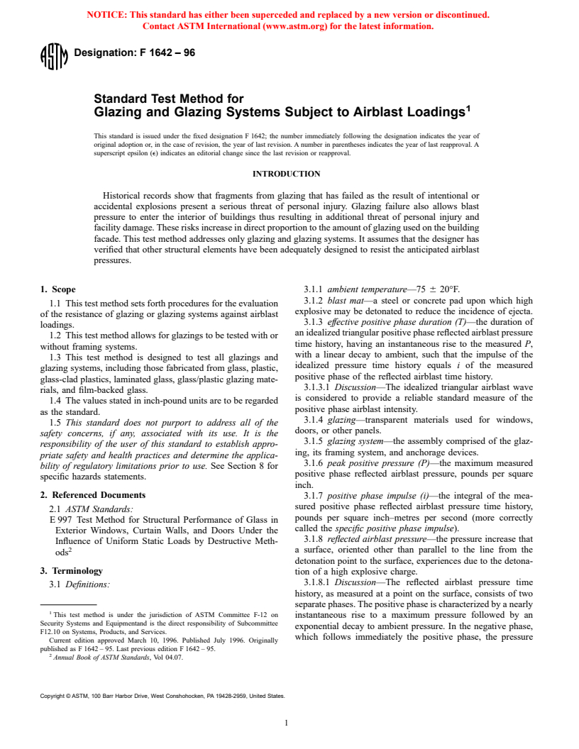 ASTM F1642-96 - Standard Test Method for Glazing and Glazing Systems Subject to Airblast Loadings