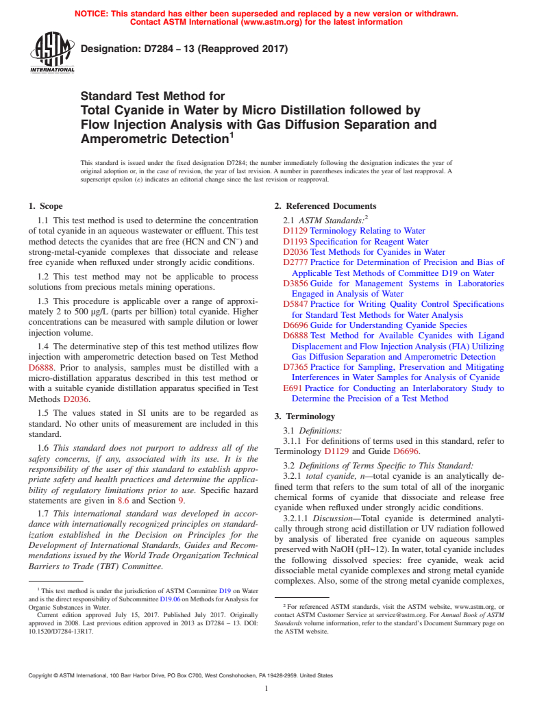 ASTM D7284-13(2017) - Standard Test Method for  Total Cyanide in Water by Micro Distillation followed by Flow  Injection   Analysis with Gas Diffusion Separation and Amperometric  Detection