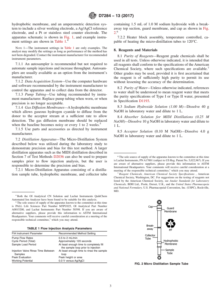 ASTM D7284-13(2017) - Standard Test Method for  Total Cyanide in Water by Micro Distillation followed by Flow  Injection   Analysis with Gas Diffusion Separation and Amperometric  Detection